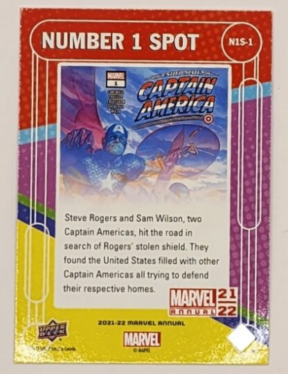 The U.S.A Captain America #1 Upper Deck 2021 Marvel Number 1 Spot #N1S-1 Back