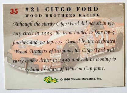 Woods Brothers Racing #21 Citgo Ford Classic 1996 Card #35 Back