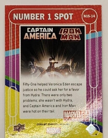 Captain America / Iron Man #1 Upper Deck 2021 Marvel No. 1 Spot #N1S-14 Back