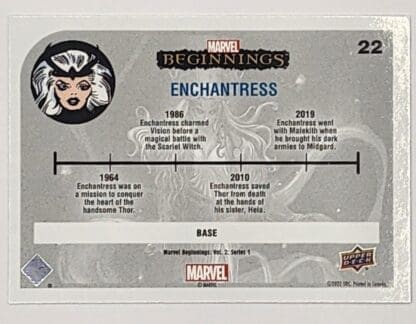 Enchantress Marvel Beginnings Upper Deck 2022 Volume 2 Series 1 Card #22 Back